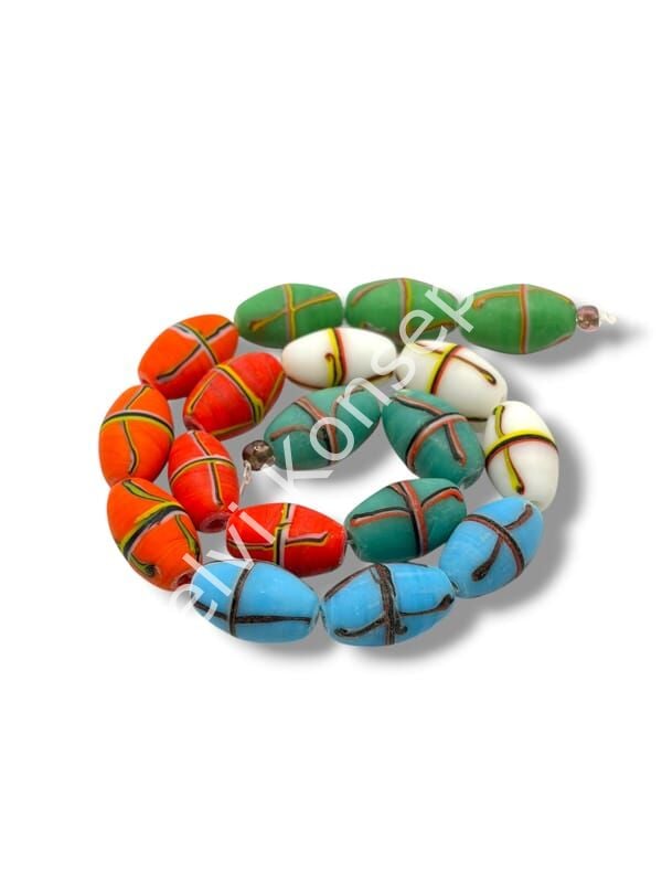 El Yapımı Geri Dönüştürülmüş Ritmik Çizgili Mat Oval Cam Boncuk Karışık Renkli 10x16 mm
