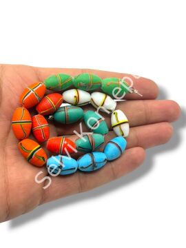 El Yapımı Geri Dönüştürülmüş Ritmik Çizgili Mat Oval Cam Boncuk Karışık Renkli 10x16 mm