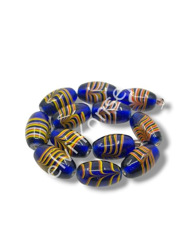 El Yapımı Ebru Desenli Parlak Oval Dizi Cam Boncuk Lacivert 14x23 mm