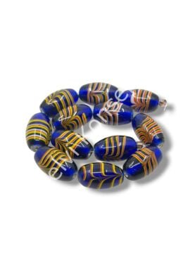 El Yapımı Ebru Desenli Parlak Oval Dizi Cam Boncuk Lacivert 14x23 mm