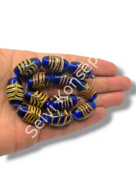 El Yapımı Ebru Desenli Parlak Oval Dizi Cam Boncuk Lacivert 14x23 mm