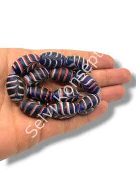 El Yapımı Ebru Desenli Oval Dizi Cam Boncuk Mat Lacivert 13x22 mm