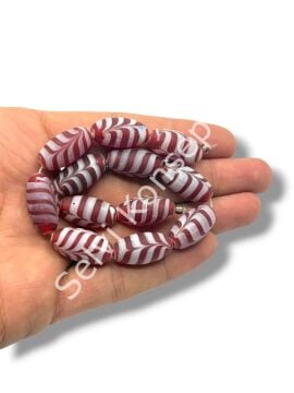 El Yapımı Ebru Desenli Mat Oval Dizi Cam Boncuk Kırmızı 11x21 mm