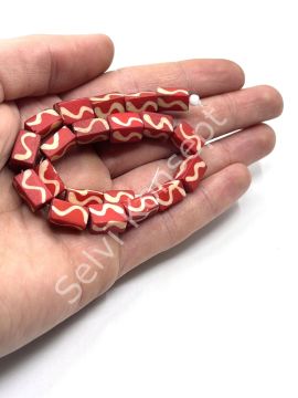El Yapımı Etnik Desenli Dikdörtgen Dizi Tibet Boncuk Kırmızı 6x12 mm