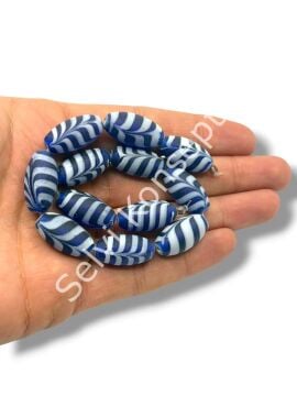 El Yapımı Ebru Desenli Mat Oval Dizi Cam Boncuk Lacivert 11x21 mm