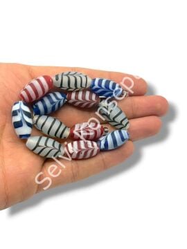 El Yapımı Ebru Desenli Mat Oval Dizi Cam Boncuk Karışık Renkli 11x21 mm