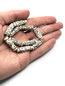 El Yapımı Etnik Desenli Dizi Tibet Boncuk Silindir 8x24 mm