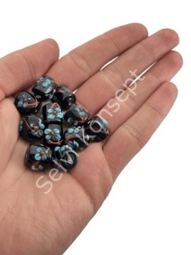 Murano Kısa Silindir Çiçek Cam Boncuk Siyah 10 Adet