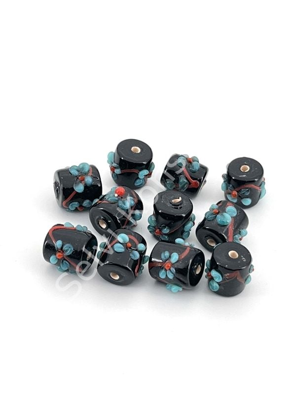 Murano Kısa Silindir Çiçek Cam Boncuk Siyah 10 Adet