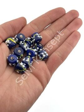 Murano Kısa Silindir Çiçek Cam Boncuk Lacivert 10 Adet