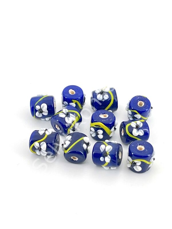 Murano Kısa Silindir Çiçek Cam Boncuk Lacivert 10 Adet