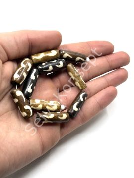 El Yapımı Etnik Desenli Silindir Dizi Tibet Boncuk Kahverengi 8x25 mm