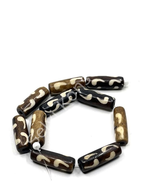 El Yapımı Etnik Desenli Silindir Dizi Tibet Boncuk Kahverengi 8x25 mm