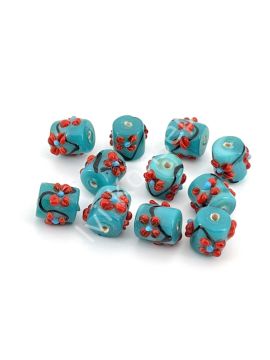 Murano Kısa Silindir Çiçek Cam Boncuk Turkuaz 10 Adet