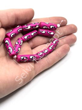 El Yapımı Etnik Desenli Silindir Dizi Tibet Boncuk Pembe 9x24 mm