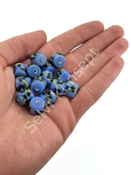 Murano Kısa Silindir Çiçek Cam Boncuk Saks Mavi 10 Adet