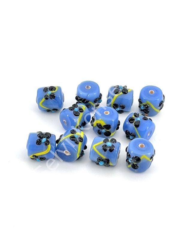 Murano Kısa Silindir Çiçek Cam Boncuk Saks Mavi 10 Adet