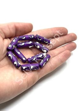 El Yapımı Etnik Desenli Silindir Dizi Tibet Boncuk Mor 9x24 mm