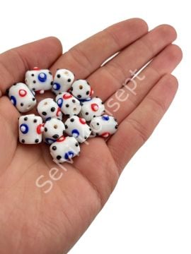 Şarlama Sanatı Silindir Benekli Cam Boncuk Beyaz 10 Adet