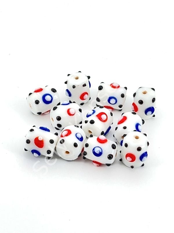 Murano Silindir Benekli Cam Boncuk Beyaz 10 Adet