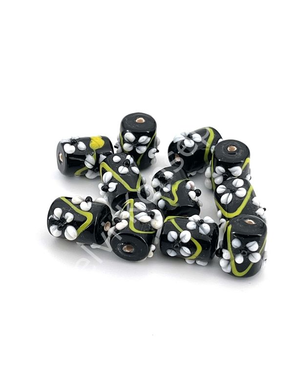 Murano Silindir Çiçek Cam Boncuk Siyah 10 Adet