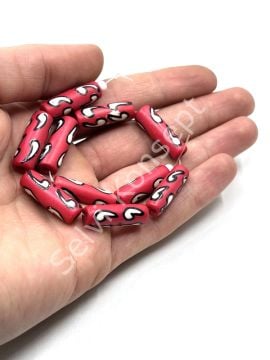 El Yapımı Etnik Desenli Silindir Dizi Tibet Boncuk Kırmızı 9x24 mm