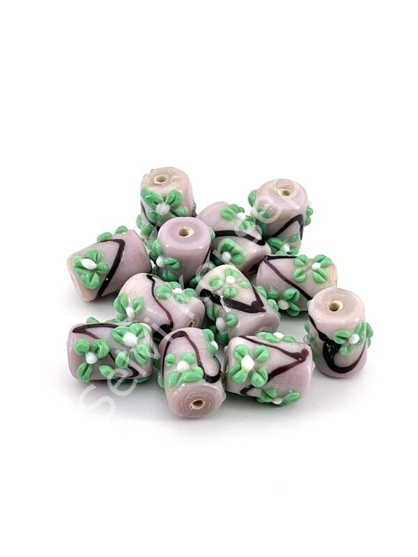 Murano Silindir Çiçek Cam Boncuk Mürdüm 10 Adet