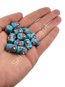 Murano Silindir Çiçek Cam Boncuk Turkuaz 10 Adet