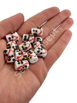 Murano Silindir Çiçek Cam Boncuk Beyaz 10 Adet