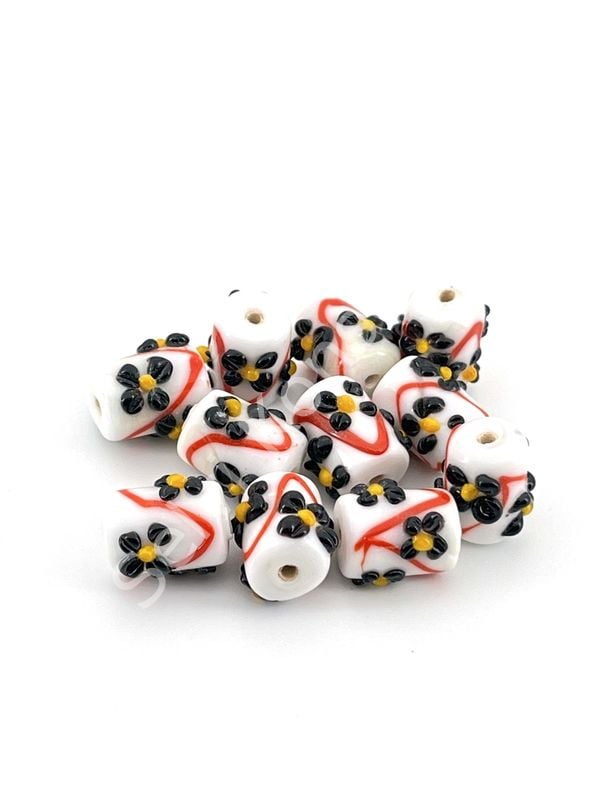 Murano Silindir Çiçek Cam Boncuk Beyaz 10 Adet