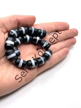 El Yapımı Siyah Beyaz  Çizgili Silindir Mat Dizi Cam Boncuk 10x14 mm