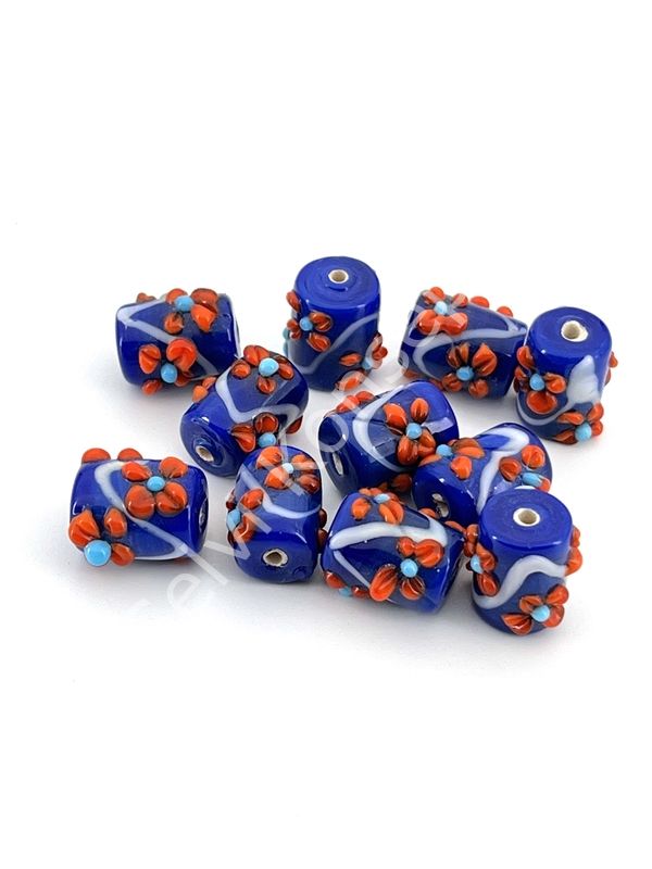 Murano Silindir Çiçek Cam Boncuk Lacivert 10 Adet