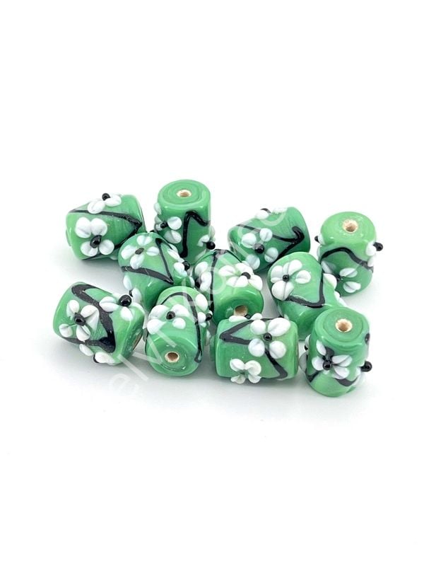 Murano Silindir Çiçek Cam Boncuk Mint Yeşili 10 Adet