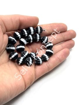 El Yapımı Siyah Beyaz Çizgili Çiçek Mat Dizi Cam Boncuk 11 mm