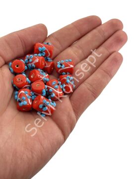 Murano Silindir Çiçek Cam Boncuk Turuncu 10 Adet