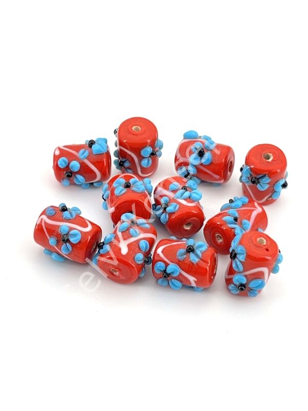 Murano Silindir Çiçek Cam Boncuk Turuncu 10 Adet