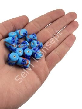 Murano Silindir Çiçek Cam Boncuk Mavi 10 Adet