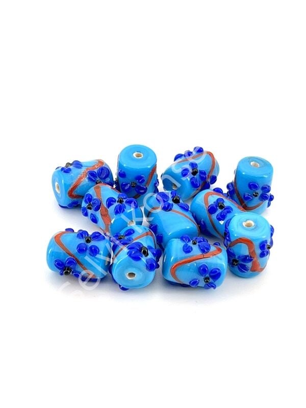 Murano Silindir Çiçek Cam Boncuk Mavi 10 Adet