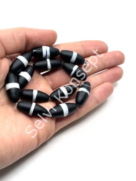 El Yapımı Siyah Beyaz Çizgili Oval Mat Dizi Cam Boncuk 10x24 mm