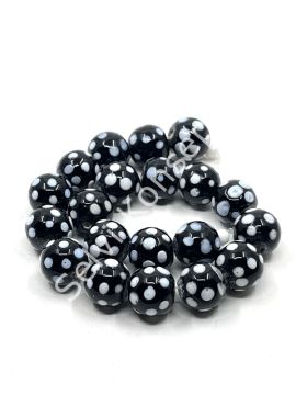 El Yapımı Siyah Beyaz Puantiyeli Dizi Cam Boncuk 12 mm