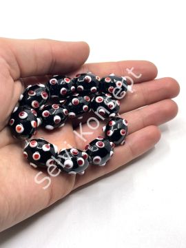 El Yapımı Siyah Beyaz Kırmızı Benekli Murano Dizi Cam Boncuk 13x18 mm