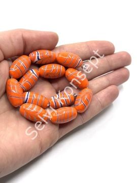 El Yapımı Ebru Desenli Parlak Oval Dizi Cam Boncuk Turuncu 12x21 mm