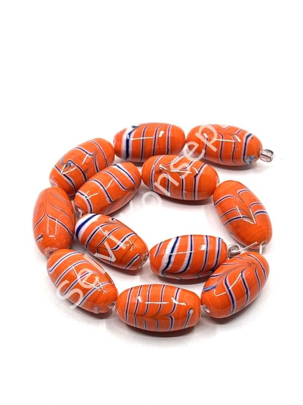 El Yapımı Ebru Desenli Parlak Oval Dizi Cam Boncuk Turuncu 12x21 mm