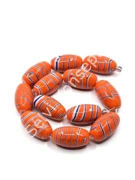 El Yapımı Ebru Desenli Parlak Oval Dizi Cam Boncuk Turuncu 12x21 mm