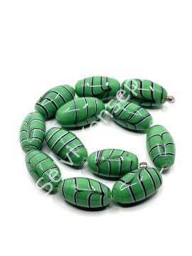 El Yapımı Ebru Desenli Parlak Oval Dizi Cam Boncuk Yeşil 12x21 mm