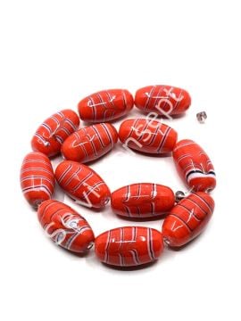 El Yapımı Ebru Desenli Parlak Oval Dizi Cam Boncuk Kırmızı 12x21 mm