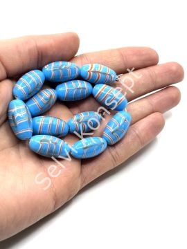 El Yapımı Ebru Desenli Parlak Oval Dizi Cam Boncuk Mavi 12x21 mm