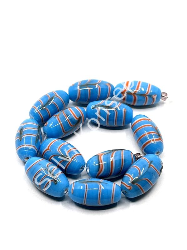 El Yapımı Ebru Desenli Oval Dizi Cam Boncuk Mavi 12x21 mm