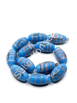 El Yapımı Ebru Desenli Oval Dizi Cam Boncuk Mavi 12x21 mm
