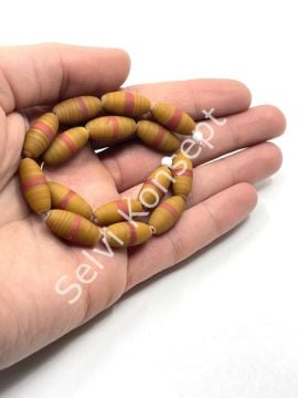 El Yapımı Geri Dönüştürülmüş Kuşak Çizgili Mat Oval Cam Boncuk Hardal 8x20 mm